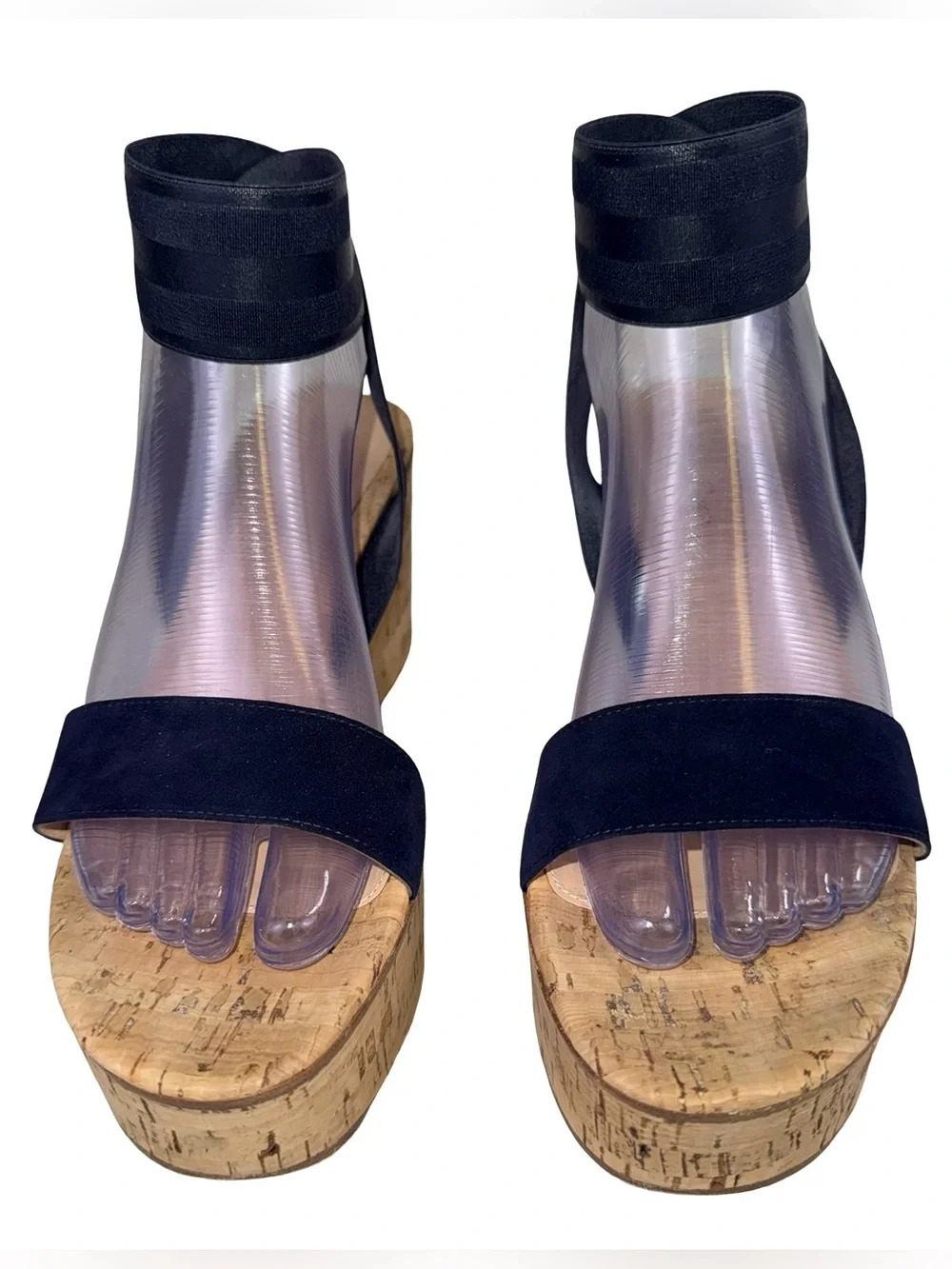 GIANVITO ROSSI CORK WEDGE SANDALS WITH DENIM BLUE ELASTIC ANKLE STRAP